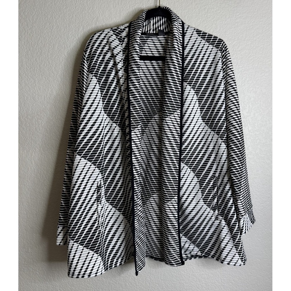 Chicos Travelers 3 US XL Cardigan Black White Geometric Optical Print Pockets